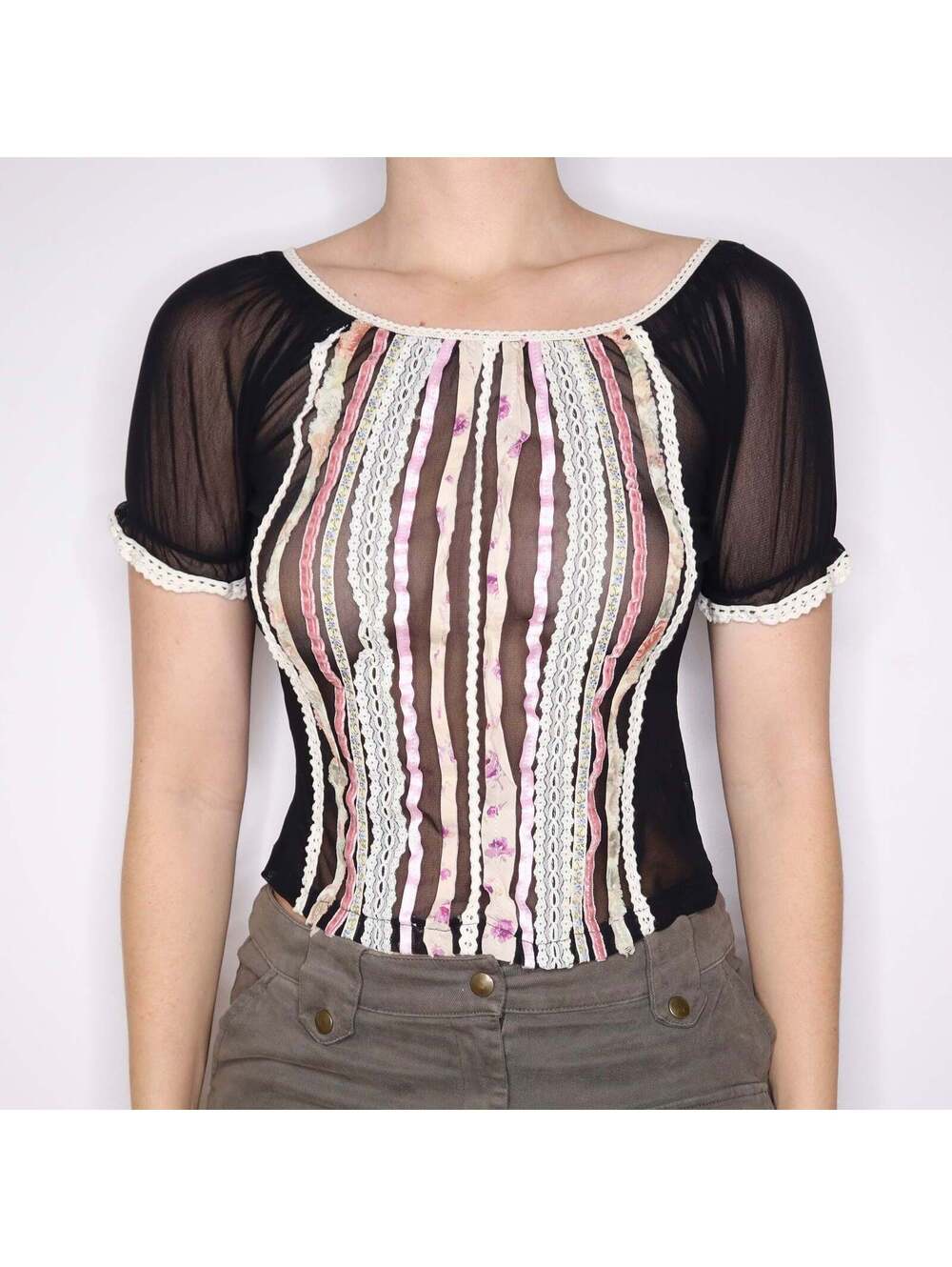 Y2K French Black Mesh Pink Ribbon Blouse (M)